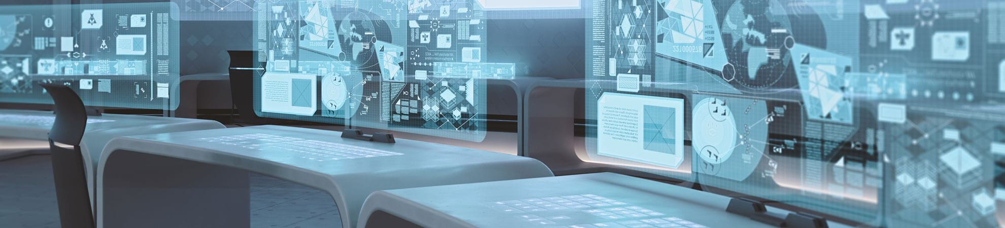 Room with three high tech holographic monitors and keyboards with dashboards on screen.